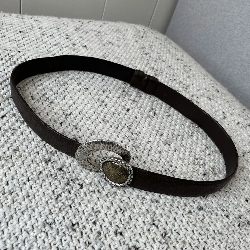 Vintage 90s Chico's Hammered Metal Buckle Thin Belt - Brown Leather, S/M